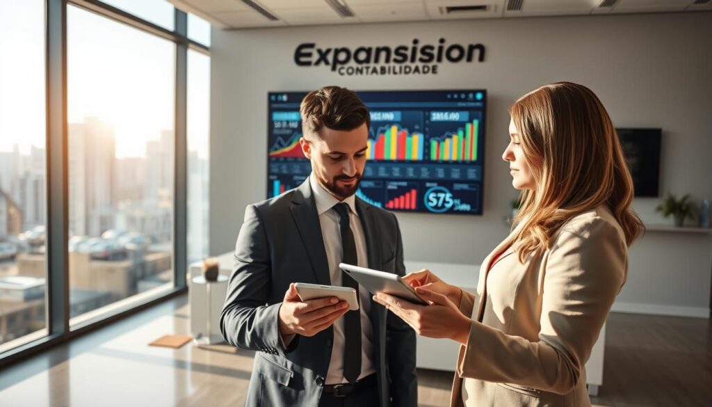 A modern office environment showcasing the concept of advertising rates for franchises. In the foreground, a professional couple in business attire examines data charts on a sleek tablet, their expressions focused and engaged. The middle ground features a large screen displaying colorful graphs and statistics about advertising effectiveness. The background includes a contemporary city skyline visible through large windows, signifying a bustling business district in São Bernardo do Campo. Soft, natural lighting floods the room, creating a bright and optimistic atmosphere. The overall mood reflects professionalism and ambition, highlighting the importance of effective advertising in business growth. Include the brand name "Expansion Contabilidade" as part of the office decor, such as on a wall or signage.