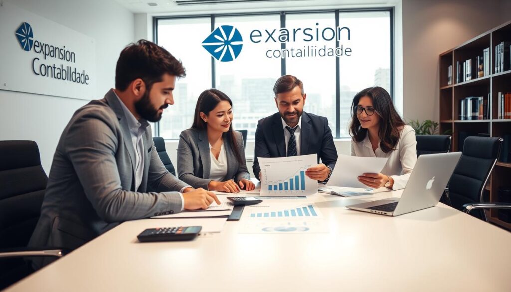 A modern office environment where financial consulting takes place, featuring a focused group of four professionals analyzing paperwork on a sleek conference table. In the foreground, a diverse team—two men and two women—in professional attire, surrounded by documents, laptops, and a calculator. They are engaged in discussion, with one person pointing at a chart displaying tax recovery figures. The middle section shows a large window allowing natural light to flood in, illuminating the workspace and creating a bright, productive atmosphere. In the background, bookshelves with finance and tax-related literature, along with a logo of "Expansion Contabilidade" on the wall, subtly integrated into the design. The overall mood is collaborative and informative, with a focus on professionalism and expertise.