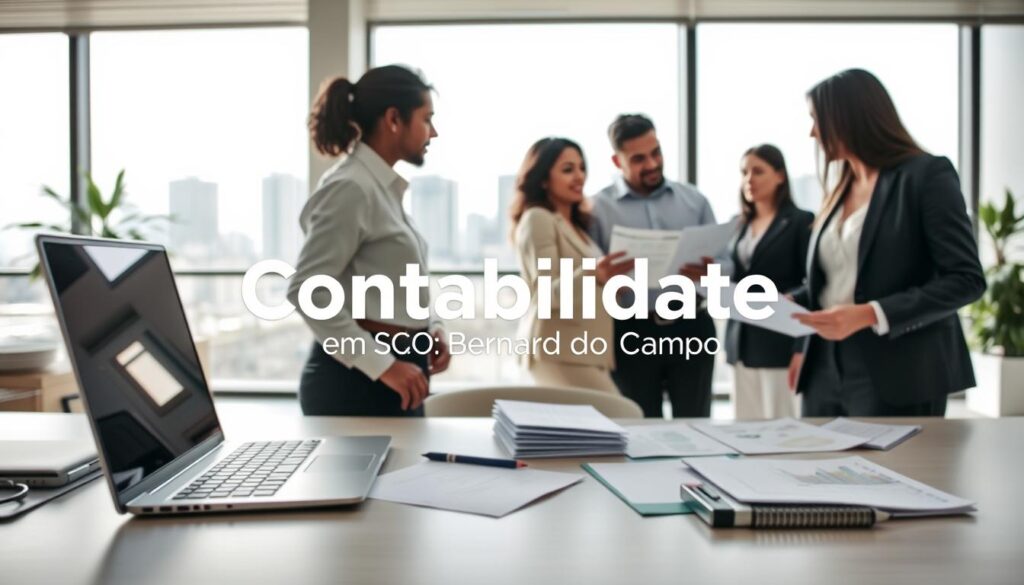 A modern office interior representing "Contabilidade em São Bernardo do Campo," showcasing the brand "Expansion Contabilidade." In the foreground, a well-organized desk with a laptop, financial documents, and a calculator, reflecting professionalism and efficiency. The middle ground features a group of diverse professionals, a man and a woman, in smart business attire, engaged in a discussion over financial reports, exuding teamwork and expertise. The background is a spacious office with large windows letting in natural light, offering a view of São Bernardo do Campo's skyline, enhancing the atmosphere of success and clarity. A neutral color palette creates a calm, professional mood, with soft shadows and bright highlights emphasizing the workspace. The image captures the essence of accounting services, focusing on collaboration and innovation.