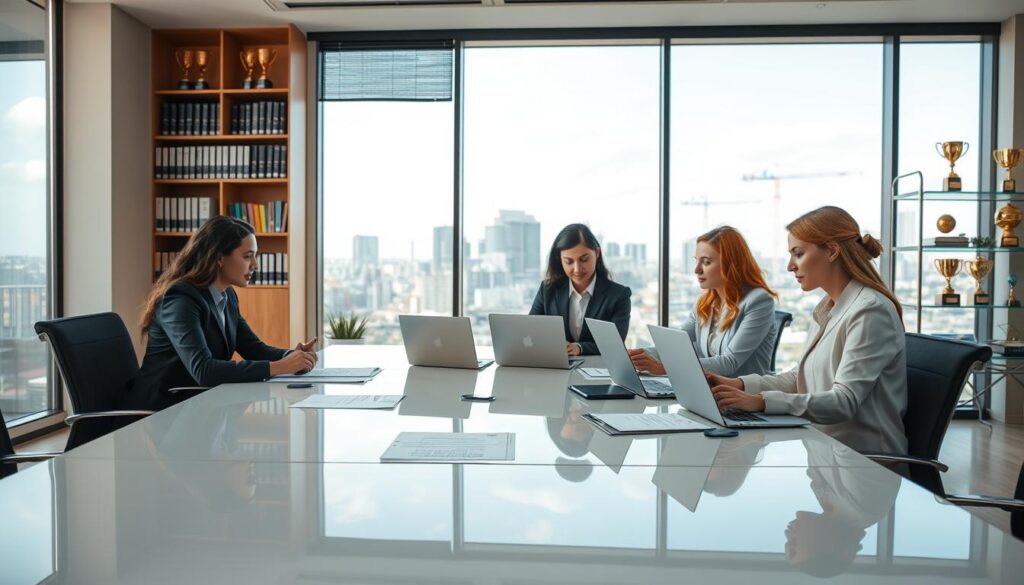 A modern office scene depicting professional accountants engaged in collaboration within Expansion Contabilidade in São Bernardo do Campo. In the foreground, a diverse group of three professionals, wearing smart business attire, are gathered around a sleek, glossy conference table covered with financial documents and laptops. The middle ground features large windows that allow natural light to flood the room, showcasing a panoramic view of São Bernardo's skyline. In the background, there are shelves lined with accounting books and financial trophies, symbolizing success and expertise. The atmosphere is focused and dynamic, conveying a sense of teamwork and strategic planning, with soft lighting creating a warm, inviting environment. The overall composition highlights the professionalism and competence of the Expansion Contabilidade brand.
