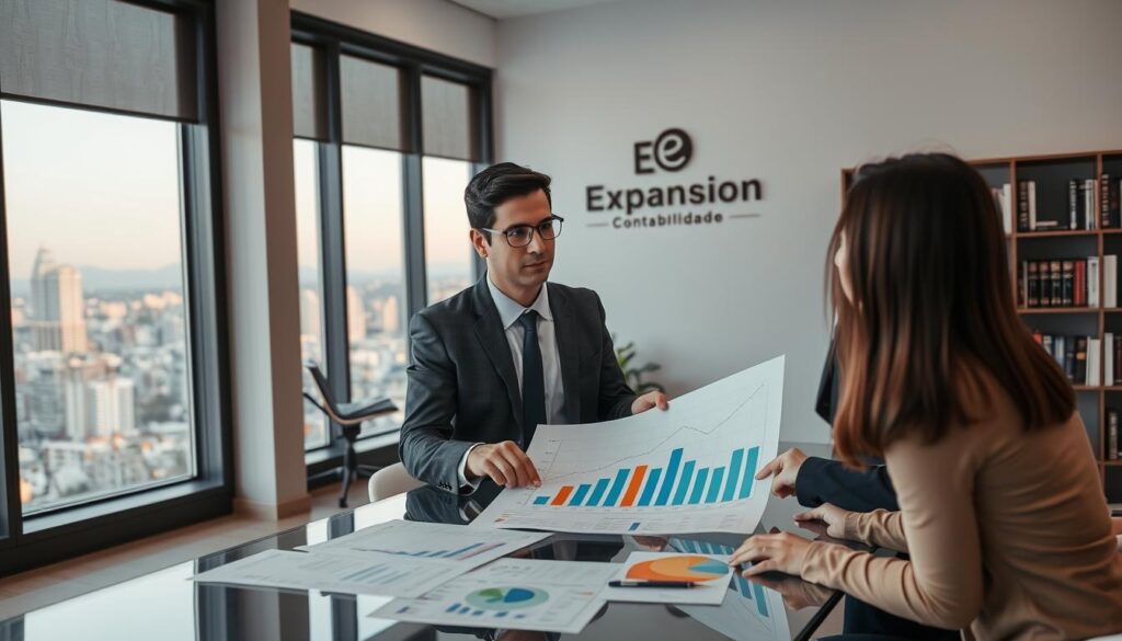 A modern office setting displaying a scene of advanced tax consulting. In the foreground, a professional consultant, dressed in business attire, is engaging with a client, showcasing charts and financial documents on a sleek glass table. The consultant has short dark hair, focused expression, and is pointing to a graph that illustrates tax optimization strategies. In the middle ground, a large window reveals a cityscape of São Bernardo do Campo under soft, warm afternoon light, adding a sense of ambition and opportunity. The background features shelves filled with books on finance and accounting, and a tasteful logo reading "Expansion Contabilidade" on the wall. The overall atmosphere conveys professionalism, trust, and a commitment to reducing tax liabilities effectively.