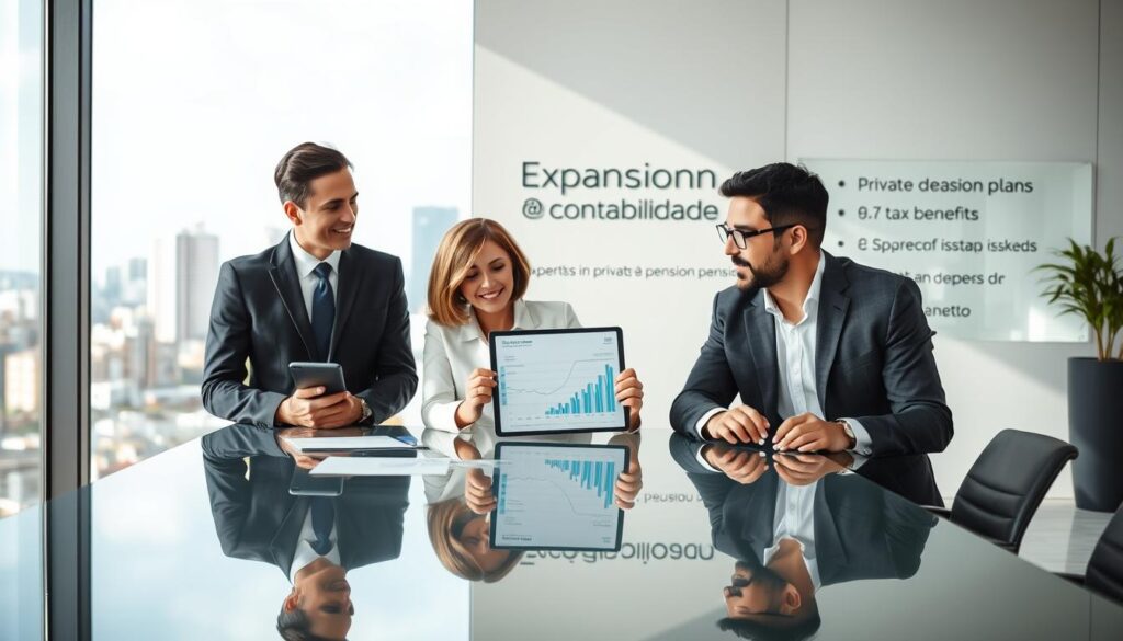 A modern office setting in São Bernardo do Campo, featuring a sleek conference room with a large glass table. In the foreground, a diverse group of three professionals—two men and one woman—are engaged in a discussion about financial benefits, dressed in professional business attire. The woman, with short hair, holds a tablet showing financial graphs, while one man, with glasses, takes notes. The background includes a large window with a view of the city skyline, allowing natural light to flood the room, creating a bright and optimistic atmosphere. Subtle branding for "Expansion Contabilidade" is visible on a wall behind them, emphasizing expertise in private pension plans and tax benefits. The overall mood is collaborative and focused, capturing the essence of financial planning and corporate strategy.