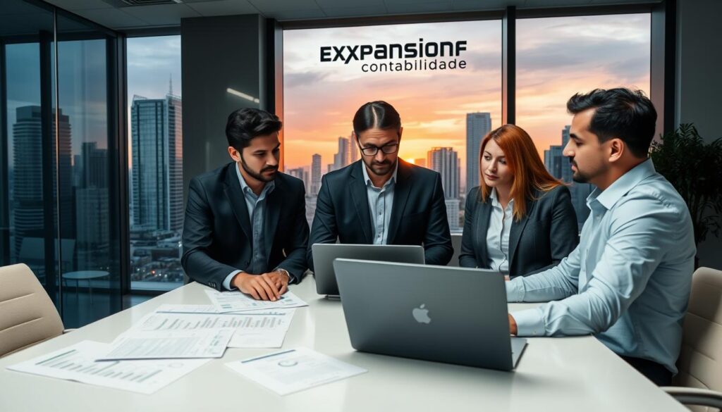 A modern office setting in São Bernardo do Campo, showcasing a sleek, professional environment. In the foreground, a diverse group of three professionals—two men and one woman—are engaged in a focused discussion around a conference table covered in financial reports and a laptop. They are wearing business attire: suits for the men and smart casual for the woman. In the middle, a large window reveals a bustling cityscape, with skyscrapers reflecting the evening sun, casting a warm, inviting glow. In the background, the company logo "Expansion Contabilidade" is subtly displayed on the wall. The mood is collaborative and industrious, emphasizing teamwork and professionalism in accounting services, with soft, natural lighting enhancing the atmosphere.