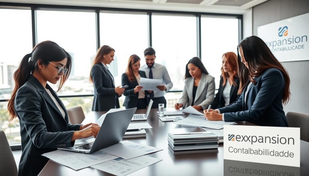 A modern office setting in São Bernardo do Campo, showcasing a team of diverse professionals engaged in strategic tax planning discussions. In the foreground, a focused female accountant in professional business attire analyzes financial documents on a laptop, with tax forms and charts spread around her. The middle ground features collaborative colleagues, a mixed-gender group, reviewing calculations and discussing plans, all dressed in smart business attire. The background shows a large window with a view of São Bernardo do Campo's skyline, allowing natural light to illuminate the space and create a productive atmosphere. Subtle branding for "Expansion Contabilidade" is integrated into the decor, perhaps on a nearby wall or in a document displayed on a table. Capturing the importance of strategic financial planning, the image conveys professionalism and teamwork, emphasizing clarity and focus.