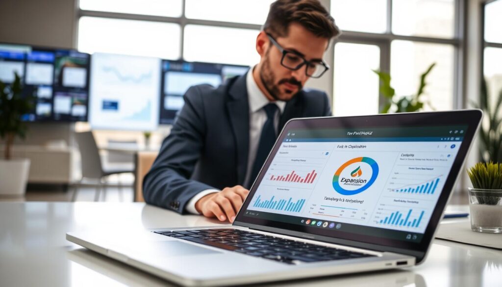 A modern office setting in São Bernardo do Campo, showcasing advanced tax planning tools and technologies. In the foreground, a sleek laptop displays dynamic graphs and charts surrounding tax optimization figures. A professional businessperson, dressed in formal attire, is analyzing data intently. In the middle, a large screen shows software interfaces related to tax compliance and strategy development. The background highlights a well-furnished office with large windows allowing natural light to illuminate the space, creating a bright and productive atmosphere. The overall mood is focused and innovative, emphasizing the importance of intelligent tax planning. Include elements such as a logo for "Expansion Contabilidade" subtly displayed on the laptop screen. Use soft lighting and a slight depth of field to draw attention to the central figure and technology.