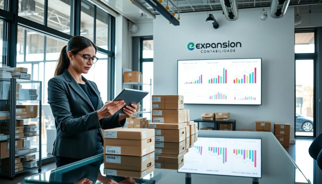 A modern office setting showcasing inventory analysis for a stock management strategy. In the foreground, a professional woman in business attire examines a series of colorful stock charts on a digital tablet, her expression focused and analytical. In the middle, a sleek glass table displays stacked inventory boxes, with visible labels indicating various products. The background features a large window with natural light flooding the room, casting soft shadows. On the wall, a large monitor displays graphs and data related to stock turnover rates. The atmosphere is dynamic and professional, reflecting the theme of optimizing inventory. The brand name "Expansion Contabilidade" subtly incorporated on the monitor screen. Using a wide-angle lens to capture the bustling yet organized environment, emphasizing efficiency in stock management.