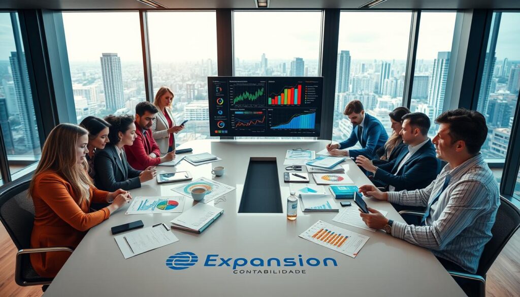 A modern office setting showcasing the concept of "Creating Valuable and Original Content" for financial consulting. In the foreground, a diverse group of professionals in business attire collaborate around a sleek conference table, analyzing colorful financial reports and brainstorming with digital devices. The middle ground features a large screen displaying vibrant data visualizations, along with notes and charts scattered across the table. In the background, large windows let in natural light, revealing a cityscape of São Bernardo do Campo. The atmosphere is dynamic and focused, highlighting teamwork and innovation. Capture the essence of "Expansion Contabilidade" by incorporating their logo subtly in the office design. Use soft, warm lighting to enhance the inviting ambiance and a wide-angle lens to showcase the entire scene.