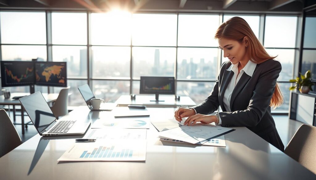 A modern office setting showcasing the essence of strategic accounting in São Bernardo do Campo. In the foreground, a professional businesswoman in formal attire is examining financial documents and charts on a sleek table, representing "Expansion Contabilidade". The middle ground features a well-organized workspace with high-tech devices like laptops and monitors displaying graphs and statistics. In the background, large windows reveal a city skyline, bathed in soft, natural sunlight that creates a warm and inviting atmosphere. The overall mood is one of professionalism and growth, emphasizing the importance of strategic accounting for premium businesses. The image should be captured from a slightly elevated angle to convey depth and perspective while ensuring clarity and focus on the main elements.