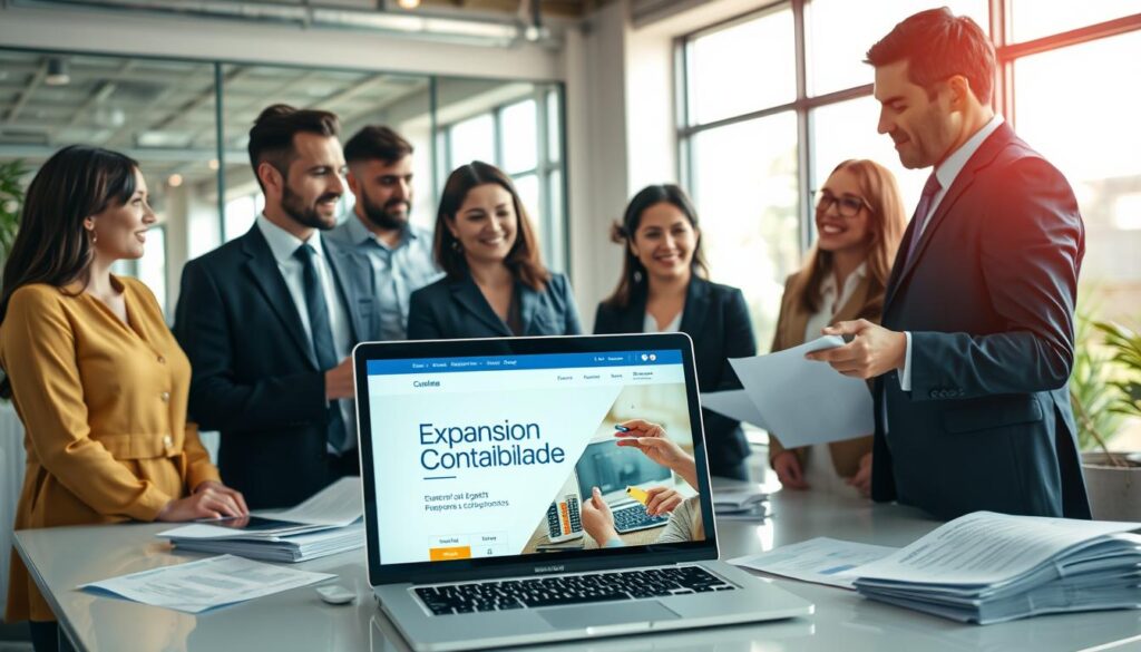 A modern office setting with a diverse group of small business owners engaged in discussion with a professional accountant. The accountant, depicted in smart business attire, should be seen guiding them through financial documents and digital devices, emphasizing an online accounting service. The foreground features a clear view of a laptop displaying the “Expansion Contabilidade” website, alongside financial sheets. In the middle, the group is animatedly discussing, with expressions of engagement and optimism. The background showcases a bright, inviting office with large windows allowing natural light to flood in, creating a warm and professional atmosphere. The overall mood should reflect collaboration and support, with a focus on empowering small businesses through expert accounting guidance.