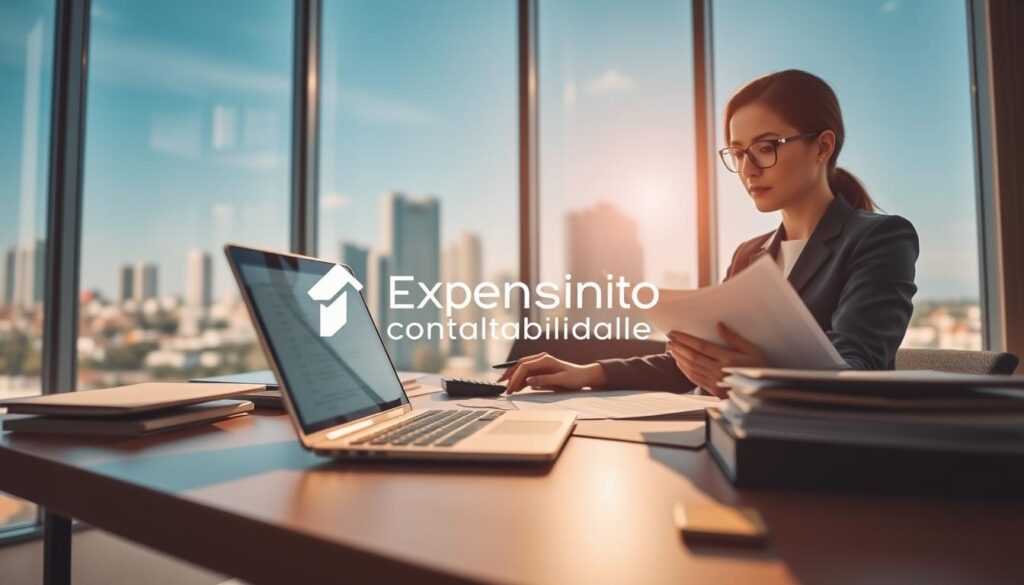 A modern office space in São Bernardo do Campo focused on accounting, featuring a stylish desk with a laptop displaying financial data. A professional accountant in business attire, a woman with glasses, is reviewing documents on the desk, surrounded by organized files and a sleek calculator. In the background, large windows reveal a view of São Bernardo do Campo's skyline under clear blue skies, creating a bright and inviting atmosphere. The lighting is warm and inviting, highlighting the figure and the intricacies of the workplace. A subtle logo of "Expansion Contabilidade" is displayed on the desk, emphasizing professionalism and credibility in the local business environment. The perspective is slightly angled, capturing both the desk and the vibrant city beyond.