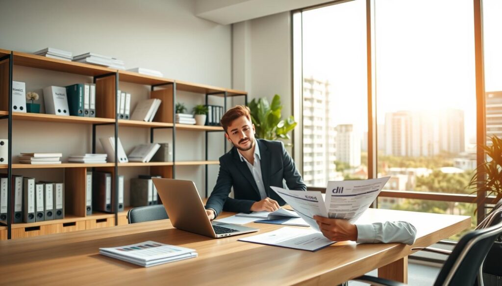 A modern office space representing "Expansion Contabilidade" in São Bernardo do Campo. In the foreground, a professional accountant in business attire is reviewing financial documents at a sleek, light wooden desk equipped with a laptop and financial reports. In the middle ground, shelves filled with tax books and accounting software manuals enhance the scene, while a large window allows natural light to stream in, illuminating the area. The backdrop features a cityscape of São Bernardo do Campo, showcasing contemporary buildings and greenery. The mood is optimistic and professional, emphasizing the importance of specialized accounting for business growth. Soft, warm lighting casts a welcoming atmosphere, captured with a slight depth of field to focus on the accountant's engaged expression.