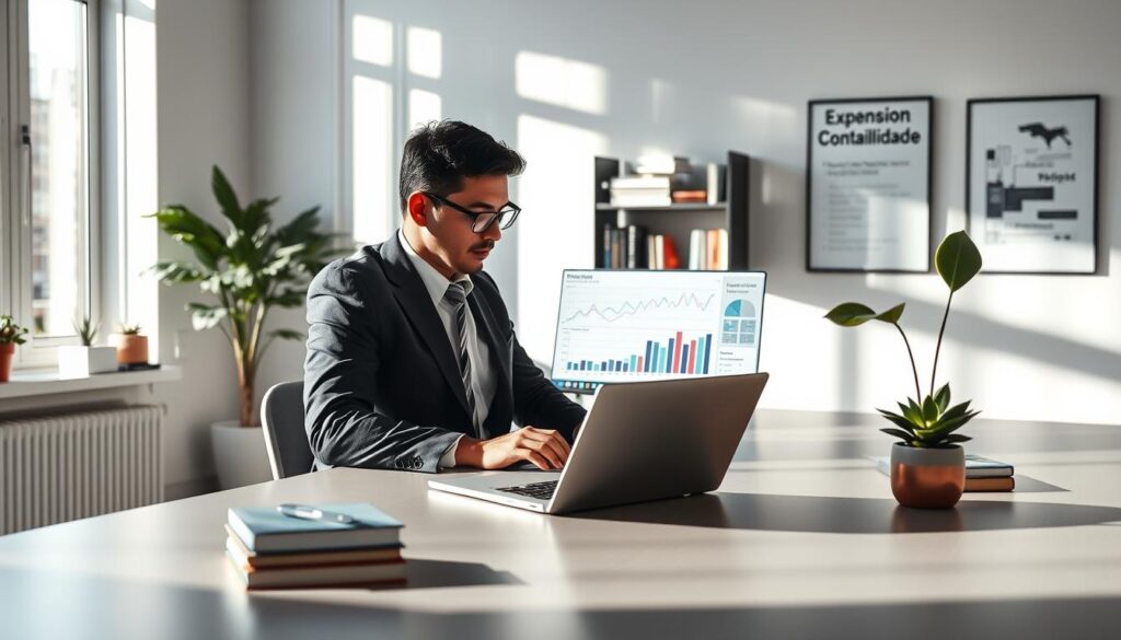 A modern office space with a professional atmosphere, featuring a sleek desk with an open laptop showing financial graphs and charts. In the foreground, a person in business attire—a consultant looking intently at the screen, represents the concept of "Original and Valuable Content in Accounting." The office is well-lit with natural light streaming through large windows, casting soft shadows. On the desk, a few books and a potted plant add a touch of warmth. The background reveals a stylish bookshelf filled with accounting literature and a motivational poster on the wall that reads "Expansion Contabilidade." The overall mood is focused and innovative, emphasizing a commitment to quality and expertise in accounting, particularly for clients in São Bernardo do Campo.