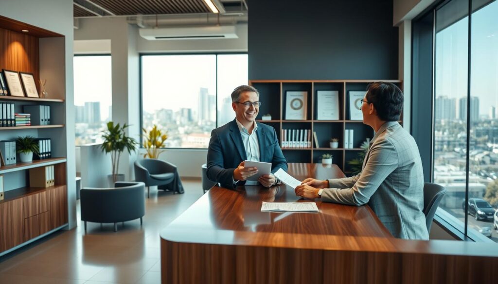 A modern, professional accounting office interior in São Bernardo do Campo, featuring a sleek reception area with a polished wooden desk and comfortable seating. In the foreground, a friendly accountant in a smart business attire is discussing financial documents with a client, showcasing accessibility and professionalism. The middle ground includes shelves with neatly organized accounting books and certificates framed on the wall, highlighting the expertise of "Expansion Contabilidade." The background displays large windows allowing natural light to fill the space, with a view of São Bernardo do Campo's skyline. The atmosphere is welcoming and efficient, conveying trust and reliability in accounting services. The lighting is warm and inviting, taken from a mid-angle perspective to encapsulate the environment effectively.