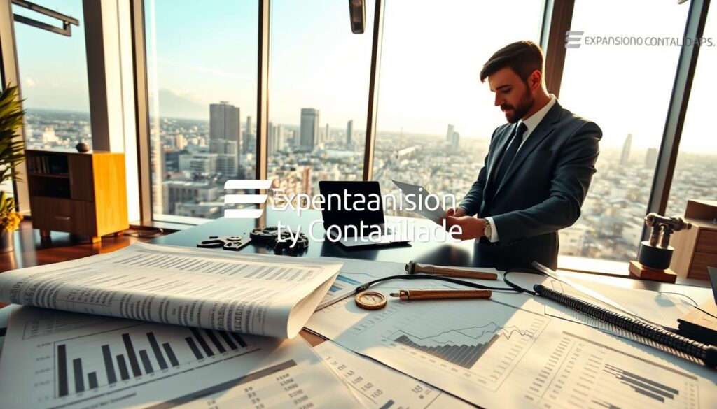 A professional accountant, dressed in business attire, is analyzing financial documents in a modern office setting focused on the metallurgical sector. In the foreground, there are spreadsheets filled with numerical data and charts representing tax credits. The middle ground features a sleek desk with a laptop displaying graphs, surrounded by metalworking tools symbolizing the industry. In the background, large windows let in natural light, illuminating the space with a warm atmosphere, while the cityscape of São Bernardo do Campo is visible outside. The overall mood conveys diligence and professionalism, emphasizing the theme of tax credit utilization in metallurgy. Brand name "Expansion Contabilidade" subtly integrated into the office décor. A professional accountant, dressed in business attire, is analyzing financial documents in a modern office setting focused on the metallurgical sector. In the foreground, there are spreadsheets filled with numerical data and charts representing tax credits. The middle ground features a sleek desk with a laptop displaying graphs, surrounded by metalworking tools symbolizing the industry. In the background, large windows let in natural light, illuminating the space with a warm atmosphere, while the cityscape of São Bernardo do Campo is visible outside. The overall mood conveys diligence and professionalism, emphasizing the theme of tax credit utilization in metallurgy. Brand name "Expansion Contabilidade" subtly integrated into the office décor.