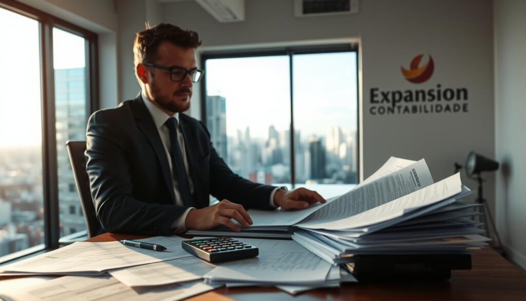 A professional accountant in a business suit is sitting at a modern desk piled with paperwork and tax documents, poring over financial reports in a well-lit office setting. The foreground features detailed close-ups of tax forms and calculators, highlighting the fiscal processes involved in "restituição fiscal." In the middle ground, a large window lets in natural light, revealing a bustling cityscape of São Bernardo do Campo, symbolizing industry and commerce. In the background, a logo for "Expansion Contabilidade" is subtly displayed on the office wall, emphasizing the brand's role in facilitating tax recovery. The mood is focused and productive, with a sense of collaboration and professionalism filling the air. Use soft, warm lighting to create an inviting atmosphere.