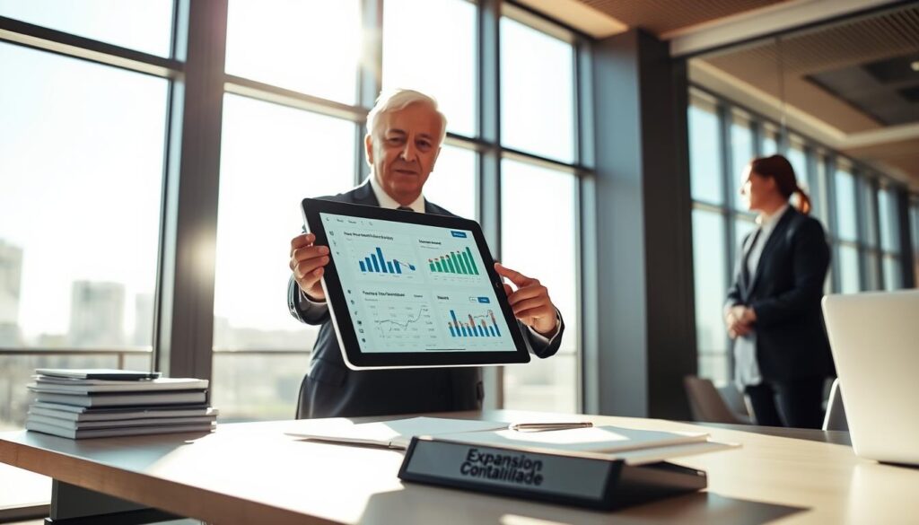 A professional accountant in a modern office environment in São Bernardo is seen explaining the process of changing accountants to a client. The foreground features the accountant, a middle-aged man in a crisp, tailored suit, gesturing towards a digital tablet displaying graphs and financial data. The middle ground showcases a sleek office desk with neatly stacked documents and a laptop. In the background, large windows reveal a bright, sunny day, enhancing the atmosphere of clarity and professionalism. The lighting is warm and inviting, creating a sense of trust and efficiency. On the desk, a subtle branding of "Expansion Contabilidade" is visible on a nameplate. The overall mood is focused and informative, perfectly illustrating a step-by-step guide on changing accountants.