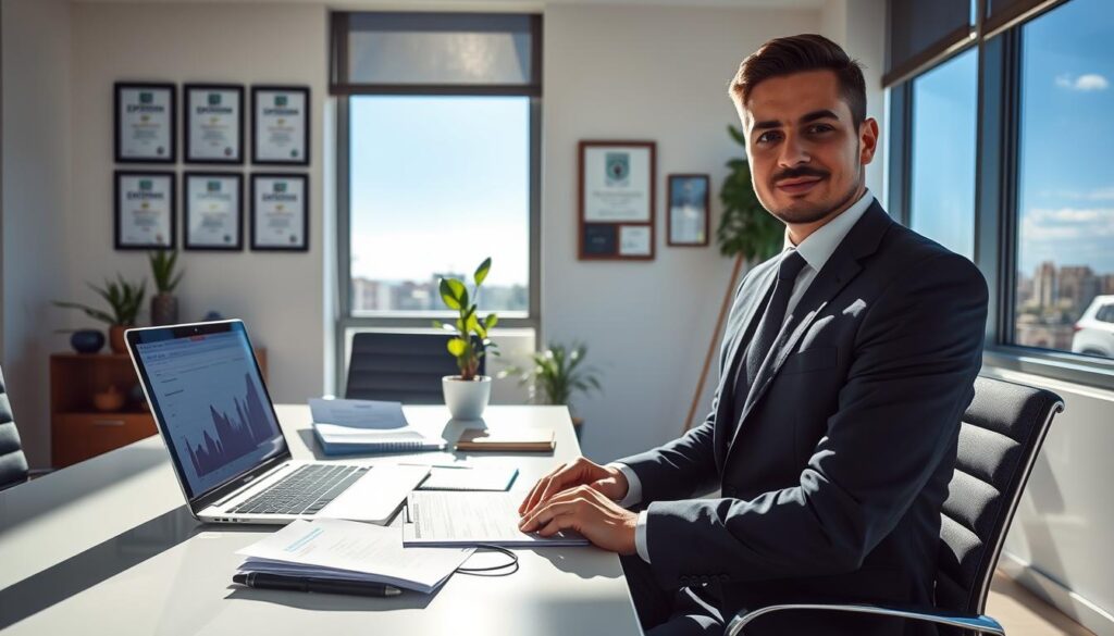 A professional accountant in a modern office setting, focusing on tax accounting for medical professionals. In the foreground, a confident accountant in a smart business suit sits at a sleek desk filled with organized paperwork, financial charts, and a laptop displaying accounting software. The middle ground features a small potted plant and a wall with framed credentials and awards for "Expansion Contabilidade." In the background, large windows reveal a sunny day in São Bernardo do Campo, with a clear blue sky. Soft, natural light illuminates the scene, casting gentle shadows that create a warm and inviting atmosphere. The overall mood is one of professionalism, expertise, and optimism about reducing tax burdens for medical professionals.