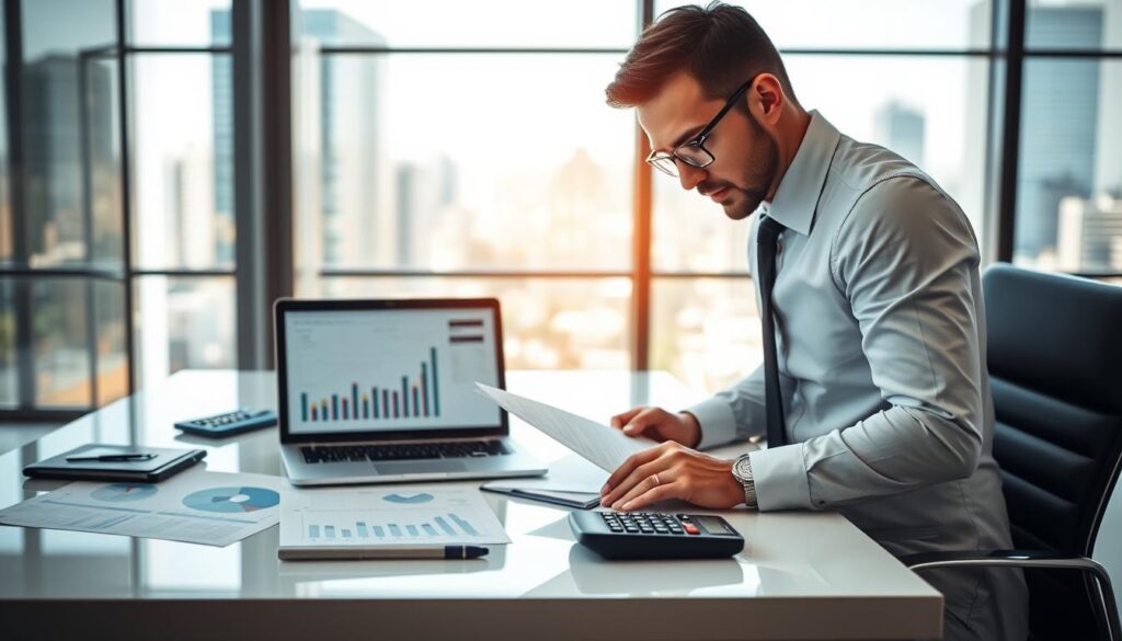 A professional accountant in a modern office setting in São Bernardo do Campo, showcasing the expertise of "Expansion Contabilidade." The foreground features a well-dressed accountant analyzing financial documents, with a confident and engaged expression. In the middle, a sleek desk is adorned with charts, a laptop displaying analytical data, and a calculator, emphasizing a busy yet organized workspace. The background shows large windows letting in natural light, with a city view of São Bernardo, creating a bright and uplifting atmosphere. Soft, warm lighting enhances the professional mood, while a slight depth of field blurs the background slightly, focusing attention on the accountant's work. The overall composition conveys trust, professionalism, and expertise in accounting services.