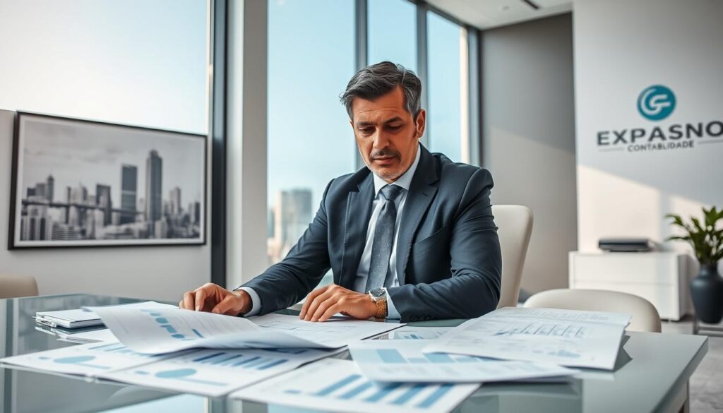 A professional accountant seated at a modern desk, reviewing financial reports with a focused expression. In the foreground, detailed documents with charts and graphs are scattered across the desk. The accountant, a middle-aged Hispanic man in a smart business suit, looks determined and engaged. The background showcases an elegant office environment with large windows, letting in bright natural light, illuminating the room. The walls are adorned with framed pictures of São Bernardo do Campo’s skyline and the logo of "Expansion Contabilidade". The atmosphere conveys a sense of strategy and innovation in tax planning, highlighting the importance of effective tax reduction strategies for businesses. The image should have a clean, professional aesthetic, emphasizing the theme of advanced tax planning.