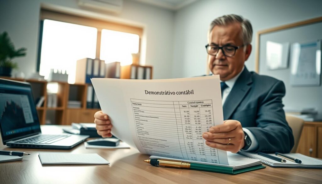 A professional accountant's desk scene, displaying a detailed "demonstrativo contábil" (financial statement) in focus, surrounded by various accounting tools like a calculator, notepad, and a laptop showing financial software. In the background, there’s a neatly organized file cabinet and a large window with natural light streaming in, creating a bright and inviting atmosphere. The accountant, a middle-aged individual dressed in a smart business suit, is reviewing the document with a focused expression. The setting exudes professionalism and trust, ideal for a financial services environment in São Bernardo do Campo. The brand name "Expansion Contabilidade" subtly featured on a notepad. The angle captures both the desk and the accountant's engagement with the document, enhancing the atmosphere of diligence and expertise. A professional accountant's desk scene, displaying a detailed "demonstrativo contábil" (financial statement) in focus, surrounded by various accounting tools like a calculator, notepad, and a laptop showing financial software. In the background, there’s a neatly organized file cabinet and a large window with natural light streaming in, creating a bright and inviting atmosphere. The accountant, a middle-aged individual dressed in a smart business suit, is reviewing the document with a focused expression. The setting exudes professionalism and trust, ideal for a financial services environment in São Bernardo do Campo. The brand name "Expansion Contabilidade" subtly featured on a notepad. The angle captures both the desk and the accountant's engagement with the document, enhancing the atmosphere of diligence and expertise.