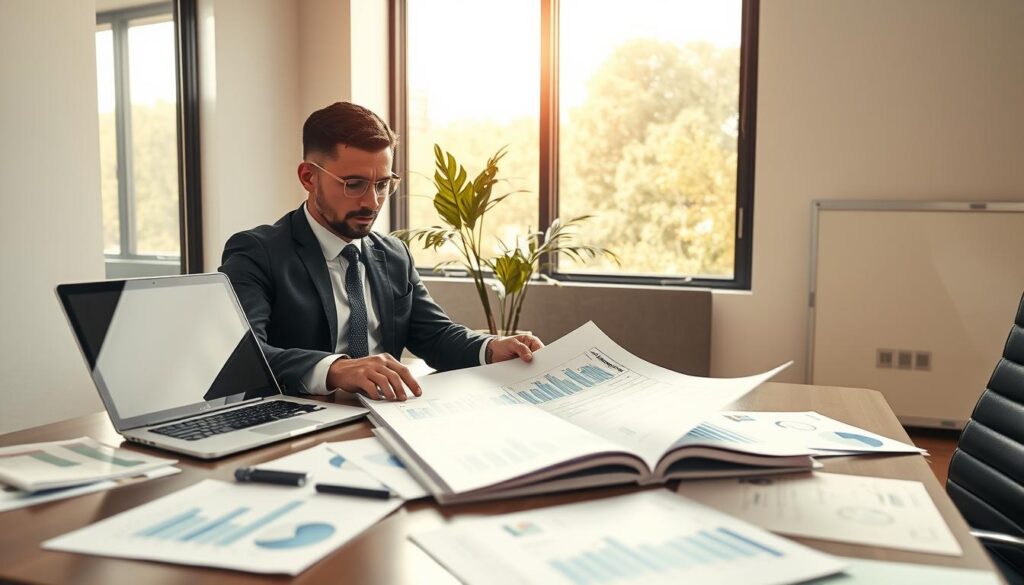 A professional accountant's office in São Bernardo do Campo, featuring a modern desk with organized financial reports and charts spread out. In the foreground, a business professional in smart attire is intently reviewing a financial document, emphasizing a focus on clarity and communication. The middle ground includes a laptop displaying financial software, with an elegant plant adding a touch of warmth. The background features a large window with natural light flooding in, creating a bright and inviting atmosphere. The overall mood conveys transparency, professionalism, and trust, embodying the essence of "Expansion Contabilidade." Use soft, warm lighting to enhance the atmosphere, and capture the scene from a slight angle for depth.
