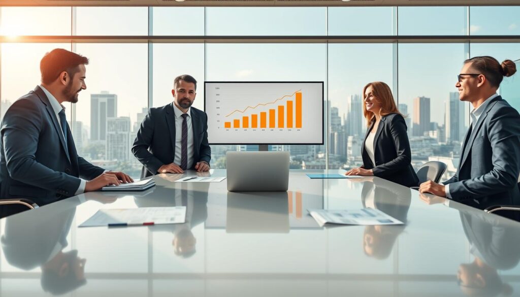 A professional business environment illustrating the theme of "External Audit as a Growth Tool." In the foreground, a diverse group of three business professionals—two men and one woman—dressed in formal business attire, are engaged in a productive discussion at a sleek, modern conference table adorned with financial documents and a laptop. In the middle, a large screen displays growth charts and auditing reports, symbolizing the impact of accounting audits on business expansion. The background features a panoramic view of a bustling office skyline of São Bernardo do Campo, bathed in soft, natural daylight filtering through glass windows, creating an optimistic and collaborative atmosphere. The brand name "Expansion Contabilidade" is subtly included in the visual elements. Aim for a clean, professional look with a focus on teamwork and growth.