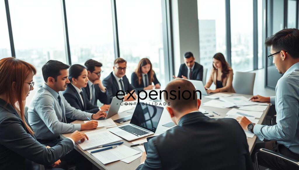 A professional business environment representing the "Preparation for Mergers and Acquisitions" process. The foreground features diverse professionals in smart business attire, deeply engaged in discussions over financial documents and charts. In the middle ground, a large conference table is cluttered with laptops, spreadsheets, and legal papers, showcasing active collaboration. The background displays a modern office with large windows letting in soft, natural light, and subtle views of the city of São Bernardo do Campo. The atmosphere is focused and collaborative, conveying urgency and professionalism. High-resolution imagery with a slight depth of field, capturing details, while the brand name "Expansion Contabilidade" is subtly incorporated into various documents in the scene.