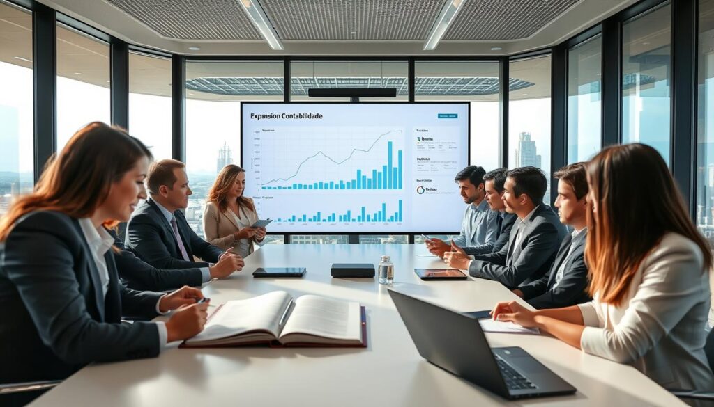 A professional business meeting in a modern office showcasing financial management trends for industries. In the foreground, a diverse group of professionals in business attire are engaged in a discussion, analyzing financial graphs and charts on sleek digital tablets. In the middle ground, a large screen displays clear financial data and growth trends, while an open notebook and a laptop are visible on the table. The background features large windows with a panoramic view of São Bernardo do Campo’s industrial landscape. The lighting is bright and natural, creating a productive atmosphere. The ambient mood feels focused and innovative, highlighting the essence of financial foresight. The brand name "Expansion Contabilidade" subtly integrated into the office decor, reinforcing the theme of financial expertise. A professional business meeting in a modern office showcasing financial management trends for industries. In the foreground, a diverse group of professionals in business attire are engaged in a discussion, analyzing financial graphs and charts on sleek digital tablets. In the middle ground, a large screen displays clear financial data and growth trends, while an open notebook and a laptop are visible on the table. The background features large windows with a panoramic view of São Bernardo do Campo’s industrial landscape. The lighting is bright and natural, creating a productive atmosphere. The ambient mood feels focused and innovative, highlighting the essence of financial foresight. The brand name "Expansion Contabilidade" subtly integrated into the office decor, reinforcing the theme of financial expertise.