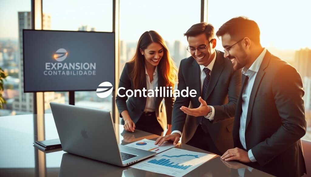 A professional business meeting scene set in a modern office in São Bernardo do Campo. In the foreground, a diverse group of three professionals, dressed in smart business attire, are engaged in an animated discussion over a laptop. The middle ground features a sleek conference table with charts and financial documents laid out, symbolizing strategic planning. The background displays large windows that offer a panoramic view of the cityscape, bathed in warm, natural light. A subtle logo of "Expansion Contabilidade" is visible on a screen, reinforcing the theme of financial planning and investment strategies. The overall atmosphere is collaborative and focused, highlighting the significance of identifying a strategic partner in business. The image captures a sense of professionalism and aspiration. A professional business meeting scene set in a modern office in São Bernardo do Campo. In the foreground, a diverse group of three professionals, dressed in smart business attire, are engaged in an animated discussion over a laptop. The middle ground features a sleek conference table with charts and financial documents laid out, symbolizing strategic planning. The background displays large windows that offer a panoramic view of the cityscape, bathed in warm, natural light. A subtle logo of "Expansion Contabilidade" is visible on a screen, reinforcing the theme of financial planning and investment strategies. The overall atmosphere is collaborative and focused, highlighting the significance of identifying a strategic partner in business. The image captures a sense of professionalism and aspiration.