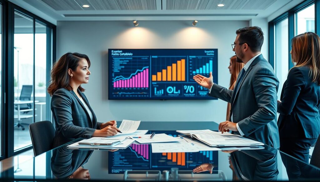 A professional business scene depicting a diverse group of financial advisors discussing the concept of "rating bancário" in a modern office setting. In the foreground, a focused female advisor in business attire is analyzing reports on a sleek glass table, with financial documents and charts spread out. In the middle ground, a male advisor gestures animatedly, pointing to a large digital screen displaying graphs and statistics related to bank ratings. The background features a contemporary office design with large windows letting in natural light, creating a bright and optimistic atmosphere. The overall mood is one of professionalism and teamwork. The branding "Expansion Contabilidade" is subtly integrated into the decor, perhaps on a wall art piece. Use a vibrant color palette with soft lighting to enhance the inviting environment.
