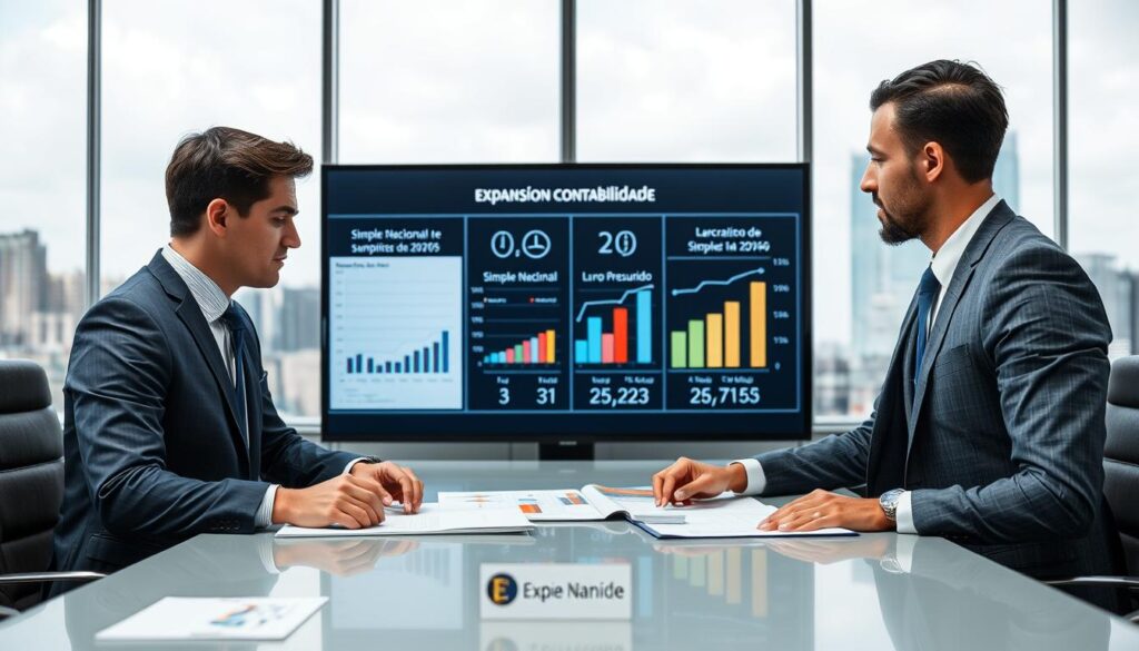 A professional comparison between Simples Nacional and Lucro Presumido, visually represented in a sophisticated boardroom setting in São Bernardo do Campo. In the foreground, two businesspeople—one in a tailored suit representing Simples Nacional and another in a polished outfit representing Lucro Presumido—engaged in a thoughtful discussion, analyzing charts and documents spread across a modern conference table. The middle ground features a large digital screen displaying key financial statistics related to both taxation models, with clear graphs and contrasting colors. In the background, sleek glass windows reveal a cityscape, capturing the essence of São Bernardo do Campo. Soft, diffused lighting accentuates the professionalism of the environment, creating an atmosphere of calm and focused decision-making. Incorporate "Expansion Contabilidade" subtly on a business card on the table.