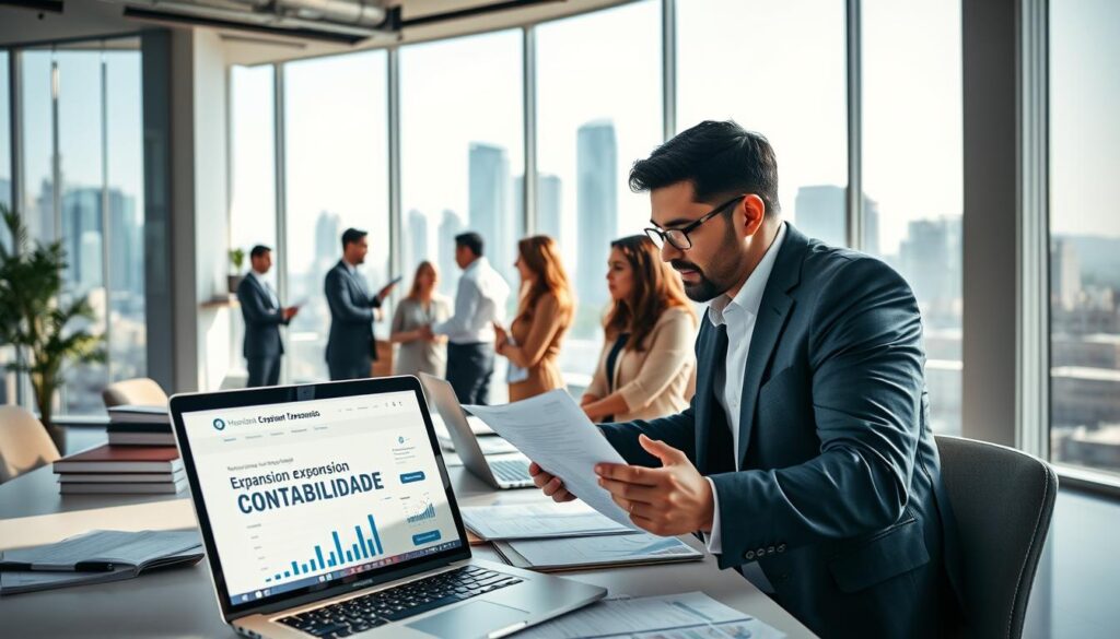 A professional, modern office setting in São Bernardo do Campo, showcasing a team of diverse accountants preparing for an accounting outsourcing transition. In the foreground, a focused accountant in business attire is reviewing documents related to "Expansion Contabilidade," while a laptop displays graphs and financial data. The middle ground features a collaborative workspace with colleagues engaged in discussion, surrounded by accounting books and charts on the walls. Natural light streams in through large windows, creating a bright, optimistic atmosphere, while a sleek, urban skyline is visible in the background. The scene conveys a sense of teamwork, professionalism, and preparedness, emphasizing the theme of transitioning accounting departments effectively.