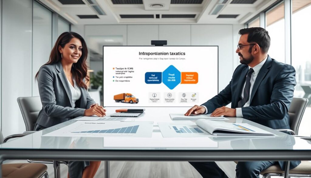 A professional office environment depicting a logistics meeting in São Bernardo do Campo. In the foreground, a well-dressed businesswoman and businessman are engaged in a discussion, with charts and documents on a sleek conference table showcasing graphs related to taxation and ICMS. In the middle ground, a large screen displays an infographic about transportation taxation, highlighting key points such as freight costs and regulations. The background features a modern office space with large windows allowing natural light to flood in, contributing to a bright and optimistic atmosphere. The overall mood is professional and focused, symbolizing collaboration and strategic planning in the logistics sector. Branding "Expansion Contabilidade" subtly integrated into the office decor.