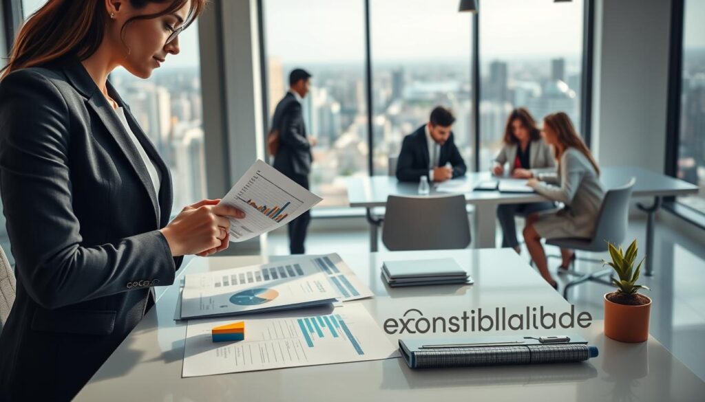 A professional office environment emphasizing cost reduction in accounting. In the foreground, a confident businesswoman in a tailored suit examines financial documents and charts on a sleek desk, showcasing her analytical skills. In the middle ground, a group of diverse business professionals collaborate around a modern conference table, discussing strategies and analyzing budgets, all in smart business attire. The background features a large window with city views of São Bernardo do Campo, allowing natural light to illuminate the scene, creating a bright and motivating atmosphere. Soft shadows enhance the focus on the subjects. The company logo "Expansion Contabilidade" subtly displayed on the desk. The overall mood is productive, inspiring, and forward-thinking, conveying the theme of effective cost management in business.