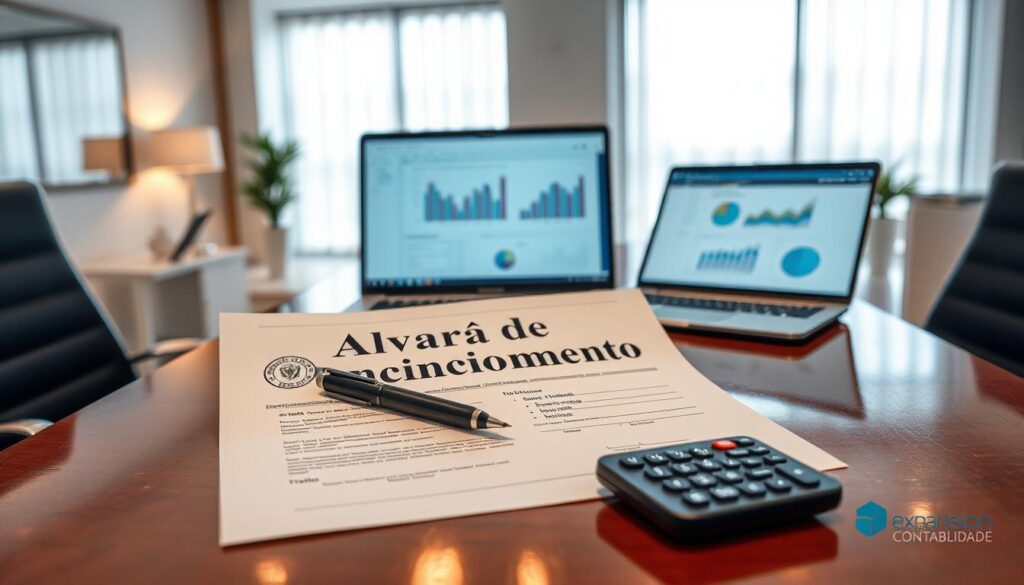 A professional office environment in São Bernardo do Campo depicting a "Alvará de Funcionamento" document prominently placed on a polished wooden desk. In the foreground, the document is open, showcasing official seals and signatures, surrounded by a pen and a calculator, symbolizing business operations. The middle ground features a laptop displaying graphs and spreadsheets related to accounting, emphasizing the business aspect of managing an alvará. In the background, a sleek office space can be seen with minimalistic decor and large windows, allowing natural light to flood the room, creating a bright and focused atmosphere. The overall mood should convey professionalism and clarity. Include subtle branding elements for "Expansion Contabilidade" on the desk, suggesting a connection to the accounting field.
