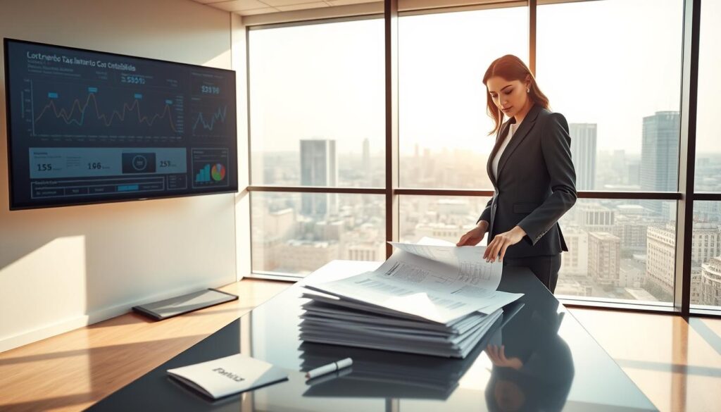 A professional office environment reflecting the theme of tax planning to attract investors. In the foreground, a confident businesswoman in a tailored suit is analyzing financial documents on a sleek modern desk, symbolizing meticulous accounting services. The middle ground features a large digital screen displaying graphs and charts related to corporate taxation strategies. In the background, a panoramic window overlooks the skyline of São Bernardo do Campo, with soft natural light streaming in to create a warm, inviting atmosphere. The scene conveys a sense of professionalism and strategic insight, with a subtle logo of "Expansion Contabilidade" visible on a document. The image should be vibrant and well-lit, capturing a mood of optimism and opportunity in the business world.