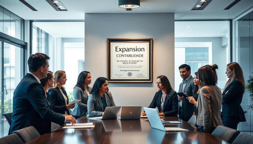 A professional office environment showcasing the legal aspects of tax recovery. In the foreground, a diverse group of business professionals in smart attire, discussing around a large conference table, with documents and laptops open, symbolizing consultation and strategy. In the middle, an elegant wall displaying a framed certificate with the logo of "Expansion Contabilidade", highlighting trust and professionalism. The background shows a modern office with large windows allowing natural light, accentuating a positive atmosphere. The lighting is bright and inviting, creating a sense of clarity and focus. The composition is shot from a slight angle to capture both the professionals and the office ambiance, conveying an air of collaboration and expertise in tax recovery processes.