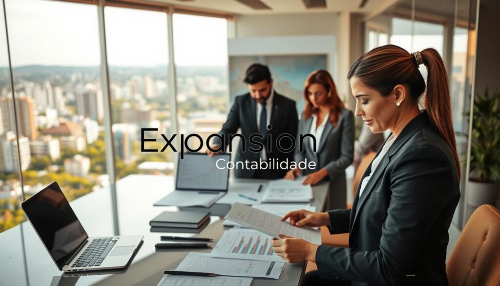 A professional office scene depicting the process of regularizing a CNPJ in São Bernardo do Campo. In the foreground, a focused businesswoman in professional attire reviews documents on a sleek desk adorned with a laptop and stationery, symbolizing dedication and organization. In the middle ground, a diverse group of professionals, including a man in formal wear and a woman in smart casual clothing, collaborates over charts and graphs depicting costs and processes; their expressions are motivated and engaged. The background features a panoramic window overlooking the São Bernardo skyline, filled with modern buildings and greenery, bathed in warm afternoon light. The atmosphere conveys a sense of professionalism and optimism. The brand name "Expansion Contabilidade" appears prominently on a sleek sign within the office setting.