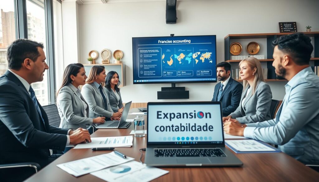 A professional office scene focused on franchise accounting, featuring a diverse team of accountants in smart business attire, engaged in a collaborative discussion. In the foreground, a well-organized conference table with financial documents, charts, and a laptop displaying the brand name "Expansion Contabilidade." In the middle ground, a large wall-mounted screen showcasing infographics about franchise profitability and standardization. The background includes shelves with accounting books and awards, suggesting expertise and trustworthiness. Soft, natural daylight streaming through large windows creates a bright and inviting atmosphere, highlighting the team's professionalism and teamwork. The angle captures a slight bird's-eye view for a comprehensive look at the scene, evoking a sense of collaboration and expertise in franchise accounting.