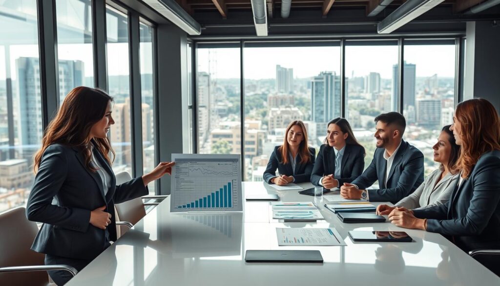 A professional office setting in São Bernardo do Campo featuring a diverse group of business professionals engaged in a collaborative meeting. In the foreground, a confident female accountant in business attire presents graphs and financial reports on a sleek conference table, while her colleagues, dressed in smart business casual, actively discuss strategies. In the middle ground, large windows allow natural light to pour in, highlighting a modern office design with branding elements of "Expansion Contabilidade" subtly displayed. The background reveals a bustling cityscape of São Bernardo do Campo, blending industrial architecture with greenery. The atmosphere exudes professionalism, innovation, and collaboration, with a warm yet focused lighting that creates an inviting ambiance.