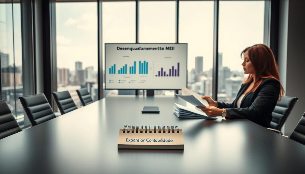 A professional office setting in São Bernardo do Campo, featuring a sleek conference room with a modern table and chairs. In the foreground, a businesswoman in professional attire examines financial documents related to desenquadramento MEI, her expression focused and thoughtful. The middle ground includes a digital presentation screen displaying charts about the implications of changing from MEI to ME. In the background, large windows reveal a skyline of São Bernardo, with bustling city life outside. Soft, natural light filters in, creating a warm atmosphere that encourages contemplation and discussion. The brand name "Expansion Contabilidade" is subtly featured on a stylish notepad on the table. The overall mood is serious yet hopeful, symbolizing transformation and growth in the business landscape.