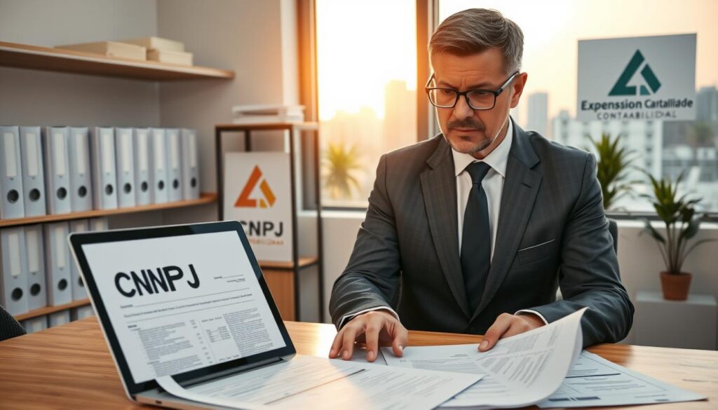A professional office setting in São Bernardo do Campo, featuring an administrative desk with a laptop open displaying financial documents related to CNPJ registration. In the foreground, a well-dressed business professional, a middle-aged man with glasses, reviews papers with a focused expression. He wears a tailored suit, symbolizing expertise in accounting. In the middle ground, a modern office environment includes shelves with files labeled "CNPJ" and a logo for "Expansion Contabilidade" prominently displayed on a wall. The background shows a window with a view of the São Bernardo skyline, bathed in soft, warm afternoon sunlight. The mood is one of professionalism and determination, conveying the seriousness of starting a business. Use a wide-angle lens for a clear view, emphasizing the workspace's depth and detail.