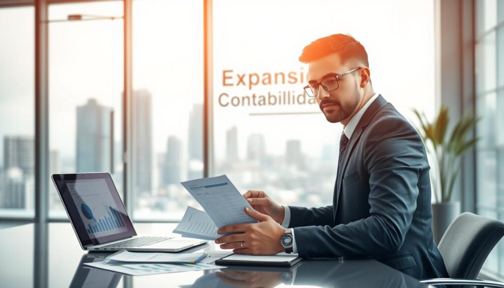 A professional office setting in São Bernardo do Campo illustrating the concept of accounting services. In the foreground, a confident accountant in a smart business suit, analyzing financial documents on a sleek desk, with a laptop open displaying graphs and spreadsheets. The middle ground features a modern office environment with a backdrop of city skyline views through large windows, bathed in soft, natural light. In the background, a subtle logo of "Expansion Contabilidade" is visible on a glass door, enhancing the theme of professionalism. The mood is focused and informative, capturing the essence of accounting services while being inviting and accessible to clients. The image should reflect a sense of trust and reliability in the accounting profession.