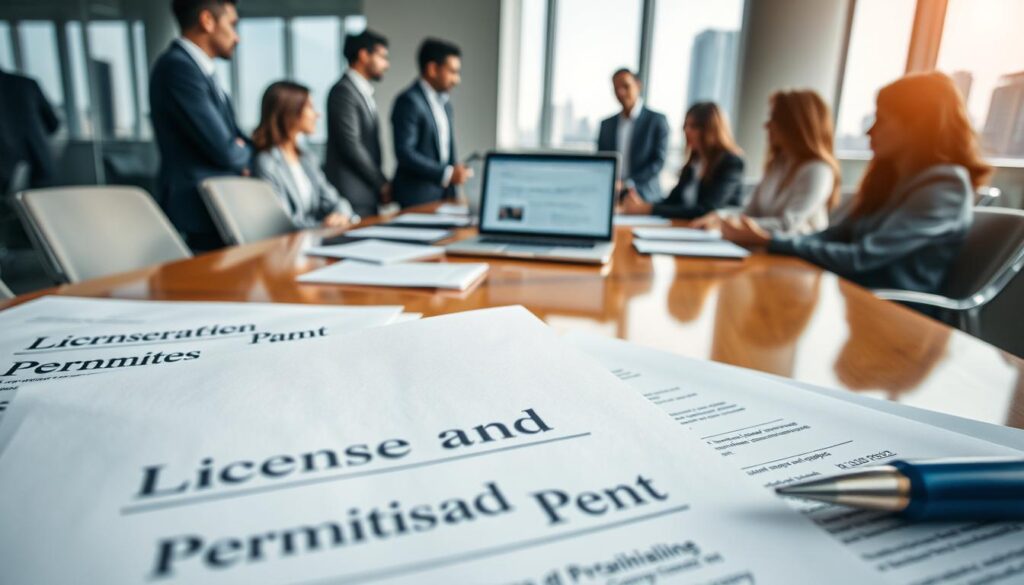 A professional office setting in São Bernardo do Campo, showcasing a diverse group of individuals in business attire discussing licenses and permits. In the foreground, a detailed close-up of paperwork, showing forms and applications labeled "Licenses and Permits". In the middle ground, a polished wooden conference table surrounded by professionals engaged in conversation, with a laptop displaying a website titled "Expansion Contabilidade". The background features a large window with natural light streaming in, revealing a glimpse of São Bernardo do Campo's skyline. The mood is collaborative and focused, with soft lighting highlighting the documents and enhancing the professional atmosphere. The image captures the essence of navigating bureaucratic processes in a modern business environment.