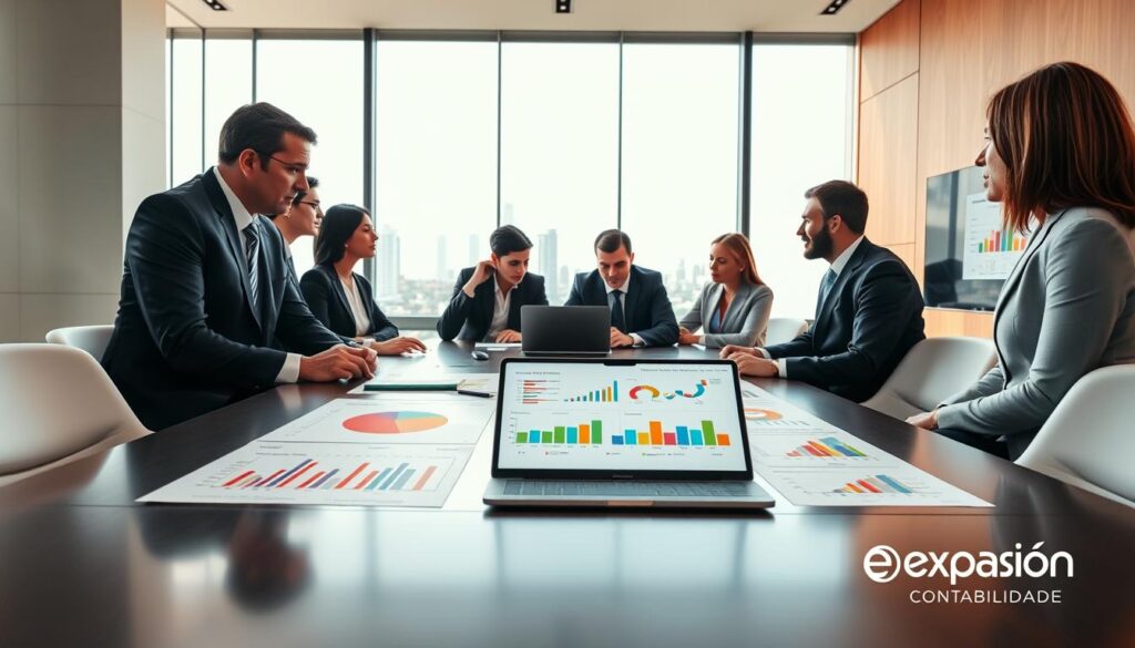 A professional office setting in São Bernardo do Campo, showcasing fiscal performance indicators. In the foreground, a sleek, modern conference table displays colorful charts and graphs representing financial metrics, with a laptop open showing digital data. In the middle, a diverse group of business professionals in formal attire are engaged in discussion, analyzing the data with focused expressions. The background features a large window with natural light streaming in, highlighting a cityscape view. The atmosphere is collaborative and dynamic, reflecting a commitment to fiscal compliance. The image includes the logo of "Expansion Contabilidade" subtly on a nearby screen, emphasizing the connection to performance tracking in tax compliance strategies. The overall lighting is bright yet soft, evoking a sense of professionalism and clarity.