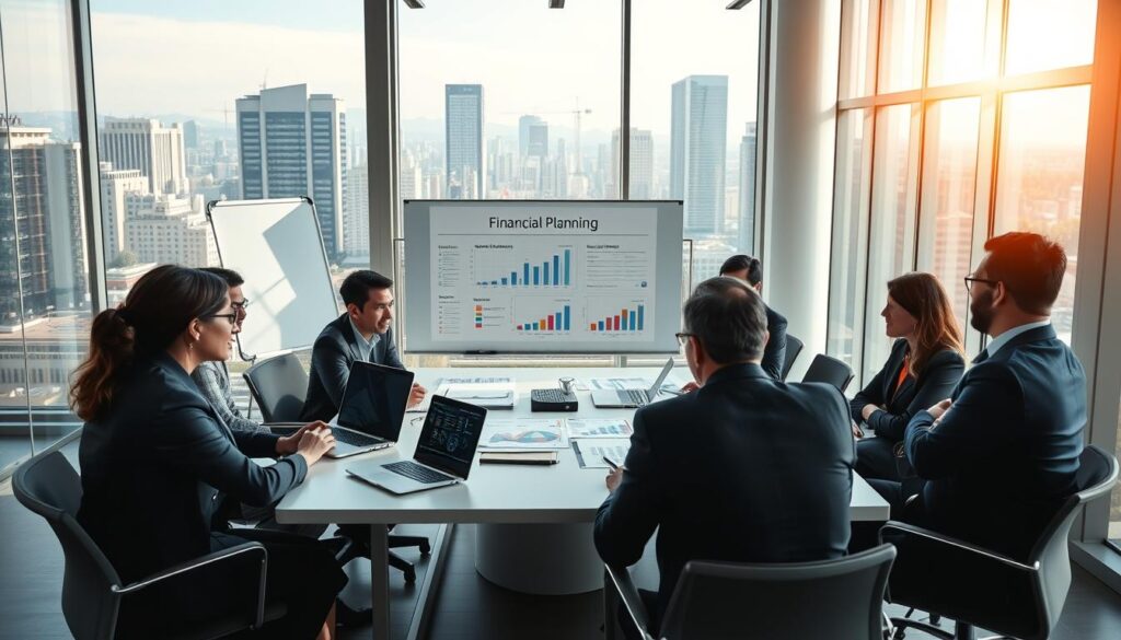 A professional office setting showcasing strategic financial planning. In the foreground, a diverse group of business professionals—men and women—gather around a sleek conference table, engaged in a discussion, dressed in smart business attire. On the table, financial charts, laptops, and documents spread out illustrate a financial strategy. In the middle ground, a large whiteboard displays colorful graphs and a flowchart labeled "Financial Planning". In the background, tall windows reveal a cityscape of São Bernardo do Campo, reflecting an optimistic future. Natural light streams in, creating a bright and inspiring atmosphere. Use a wide-angle lens to capture the collaborative spirit and forward-looking vision. The branding "Expansion Contabilidade" subtly incorporated in the decor. A sense of professionalism, innovation, and teamwork pervades the scene.