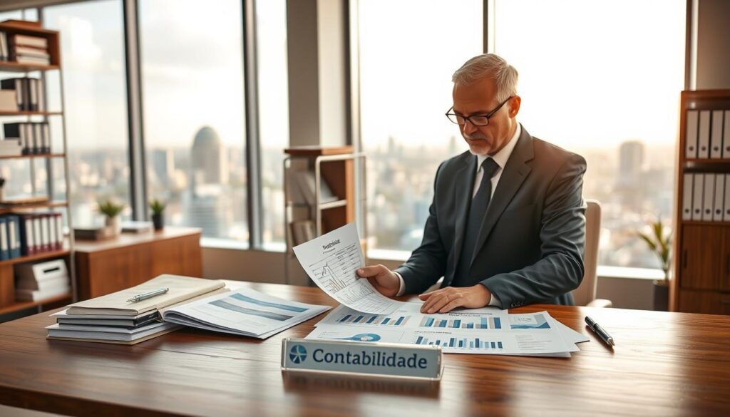 A professional office setting that highlights the importance of a "laudo contábil" in business valuation, focused on São Bernardo do Campo. In the foreground, a mature financial analyst in a smart business suit, examining a detailed, visually engaging balance sheet and financial report on a polished wooden desk. The middle ground features shelves filled with accounting books and tools, emphasizing the expert knowledge required for effective valuation. The background is softly lit, showcasing a cityscape of São Bernardo do Campo through large windows, symbolizing the dynamic business environment. Use natural lighting for a warm, inviting atmosphere. Display the brand name "Expansion Contabilidade" subtly on the desk as part of the documents.