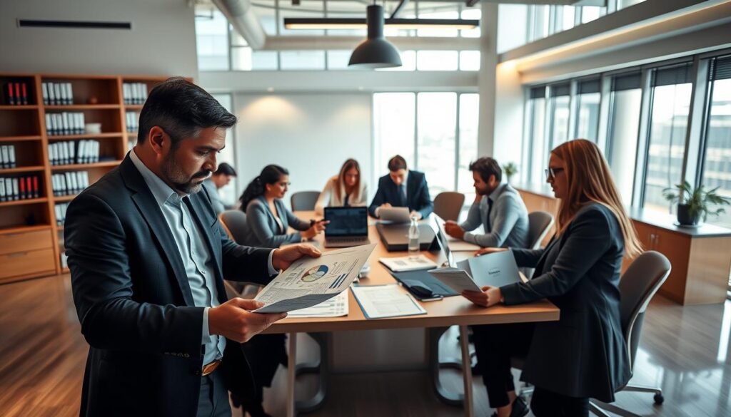 A professional office setting with a diverse team of accountants collaborating over financial documents. In the foreground, two accountants in professional attire are analyzing tax forms and charts, with a focus on “Expansion Contabilidade” branding visible on the documents. In the middle ground, a large conference table is surrounded by colleagues discussing fiscal strategies, using laptops and documents, with a modern, bright office environment filled with natural light from large windows. The background features shelves with books on tax regulations and compliance. The atmosphere is focused and constructive, with a warm light illuminating the scene, conveying a sense of professionalism and teamwork essential for resolving fiscal issues.