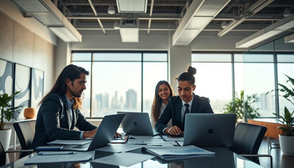 A professional office space in São Bernardo do Campo dedicated to accounting, showcasing "Expansion Contabilidade" prominently displayed. In the foreground, a diverse group of three individuals in professional attire are engaged in a collaborative meeting, surrounded by open laptops, financial documents, and graphs. In the middle ground, a large window shows a view of the São Bernardo skyline bathed in soft, natural light, enhancing the productive atmosphere. The background features sleek modern decor, including abstract art and greenery, creating a welcoming environment. The overall mood is focused and inspiring, capturing the essence of effective accounting practices for technology and SaaS companies. The image should have a clear, bright ambiance, emphasizing professionalism and teamwork.