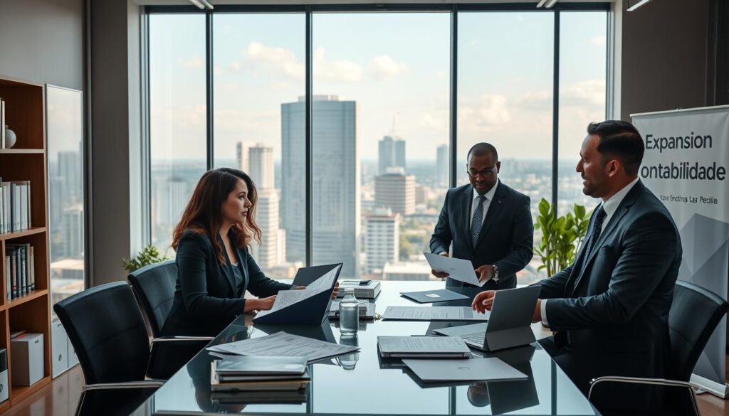 A professional setting depicting a modern office environment in São Bernardo do Campo. In the foreground, a diverse group of four business professionals, including a Caucasian woman and a Black man, dressed in formal business attire, engage in a discussion around a conference table with financial reports and laptops. The middle ground features a sleek glass window showcasing a view of the city skyline. In the background, elements of a well-organized office space, such as bookshelves filled with accounting books and a banner displaying the brand name "Expansion Contabilidade". Soft, natural lighting filters through the windows, creating a warm and inviting atmosphere. The image conveys professionalism and collaboration, illustrating how Expansion Contabilidade supports effective tax planning strategies.